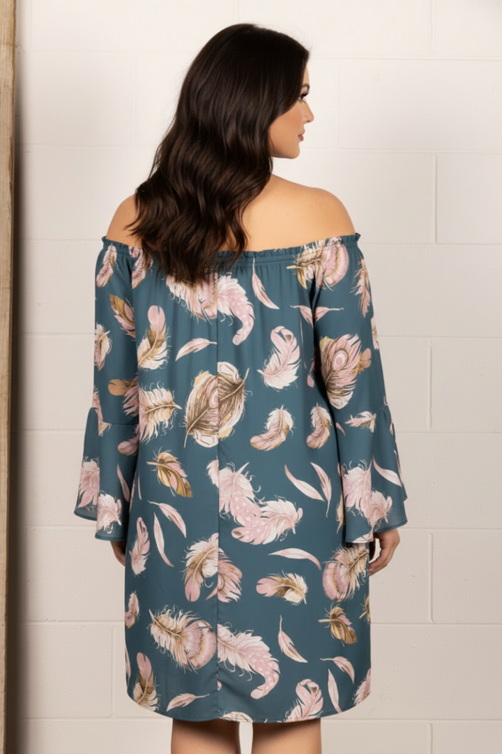 TEAL FEATHER PRINT OFF SHOULDER PLUS SIZE MINI DRESS D1207
