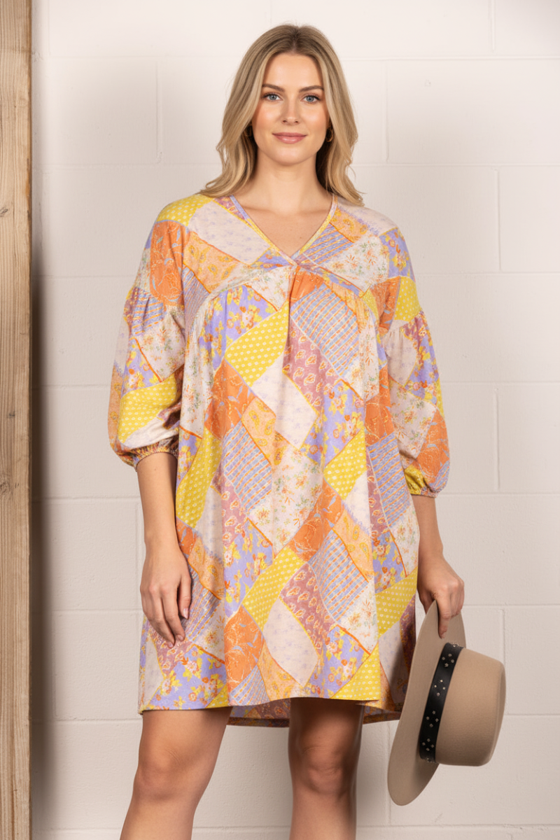 YELLOW PATCH WORK 3/4 SLEEVES PLUS SIZE MINI DRESS VC5744X-A