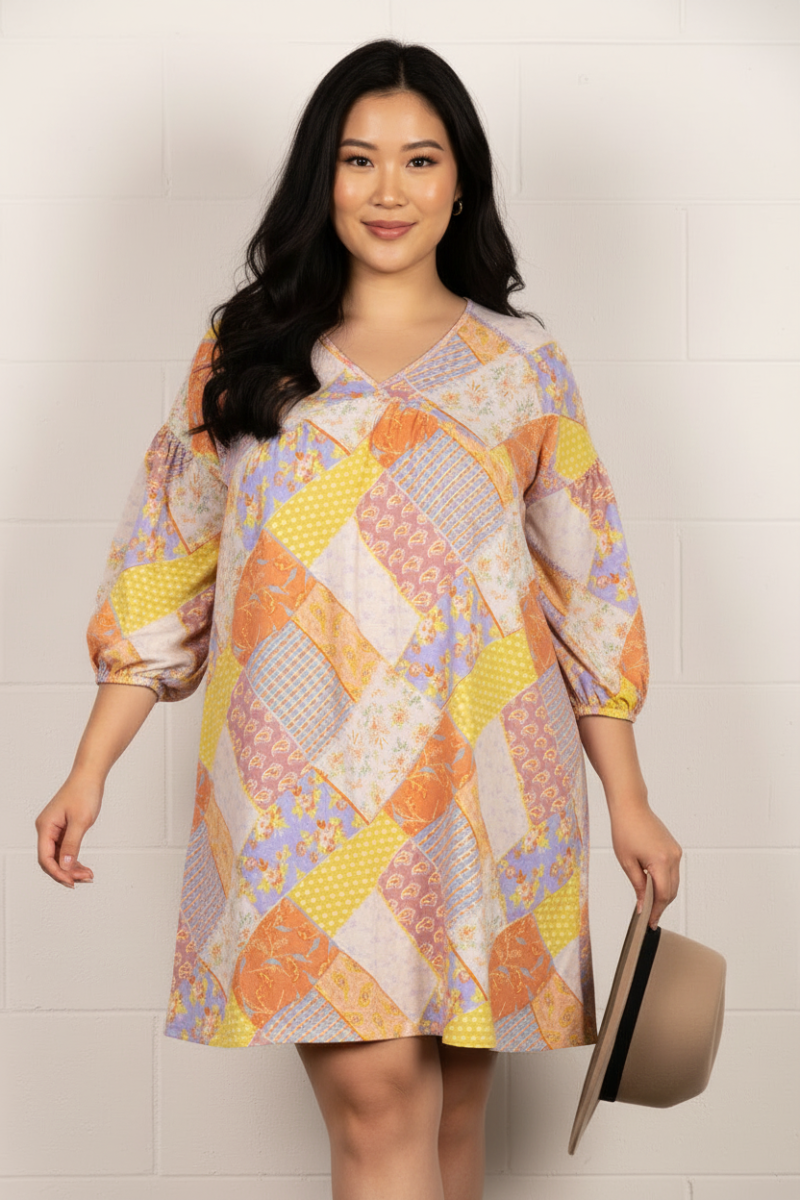 YELLOW PATCH WORK 3/4 SLEEVES PLUS SIZE MINI DRESS VC5744X-A