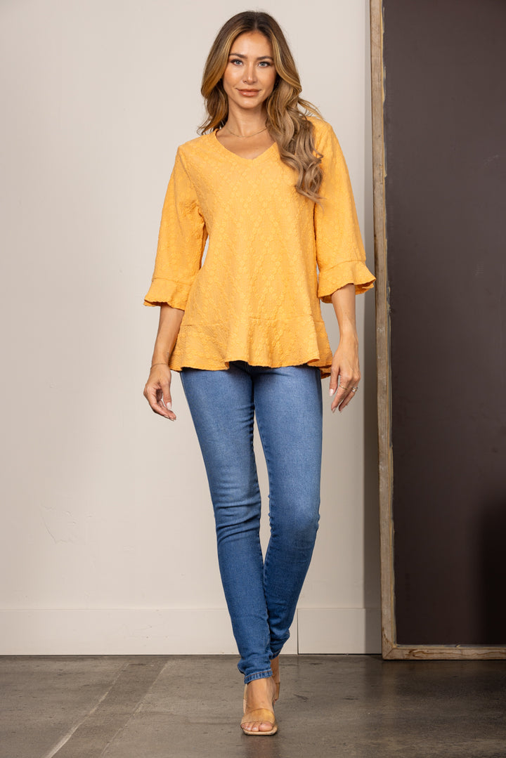 MUSTARD EMBOSSED FLORAL 3/4 SLEEVES BLOUSE TOP T2028