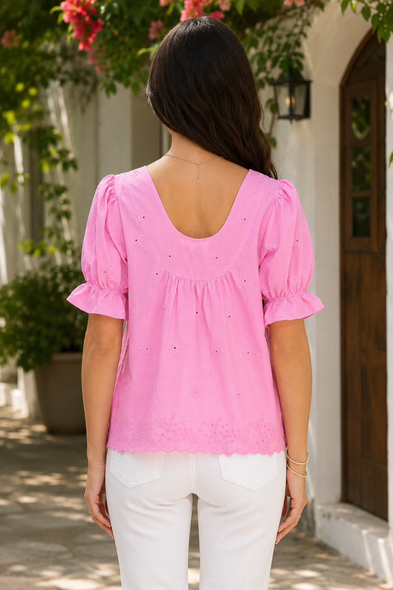 EYELET SMOCK PUFF SHORT SLEEVE TOP-AVT51321W