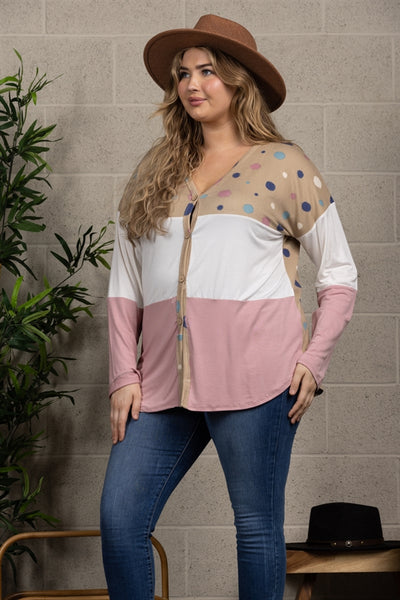 MIXED-PATTERN BUTTON DOWN SWEATER PLUS SIZE-CT43590DX