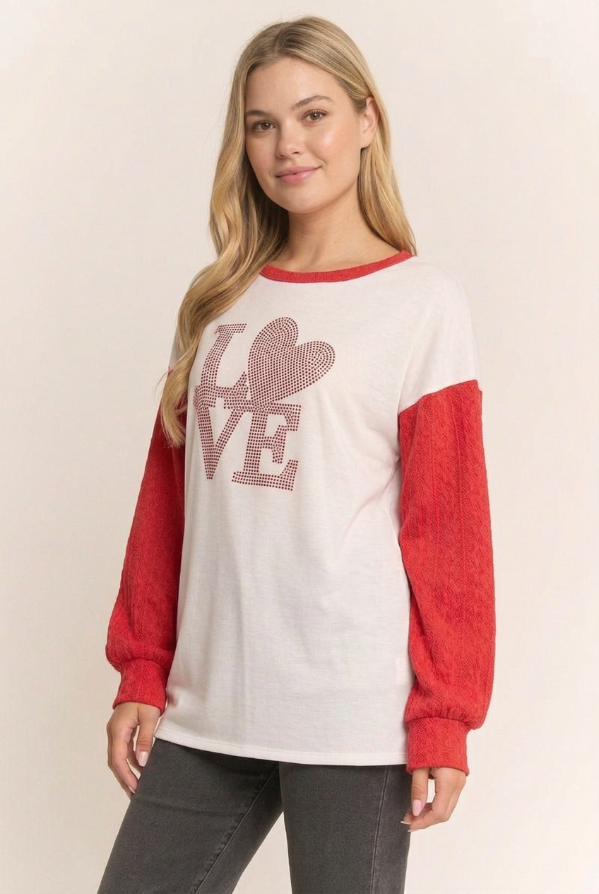 Side studio pose with the approved blonde model wearing the LOVE top