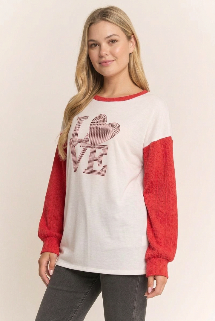 Side studio pose with the approved blonde model wearing the LOVE top