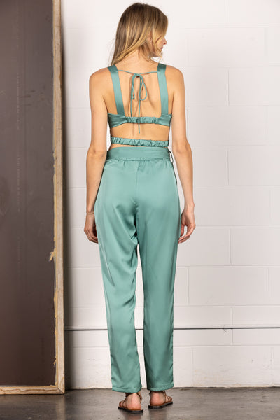 GREEN SOLID WAIST FLARE CROP TOP AND PANTS SET CS10511