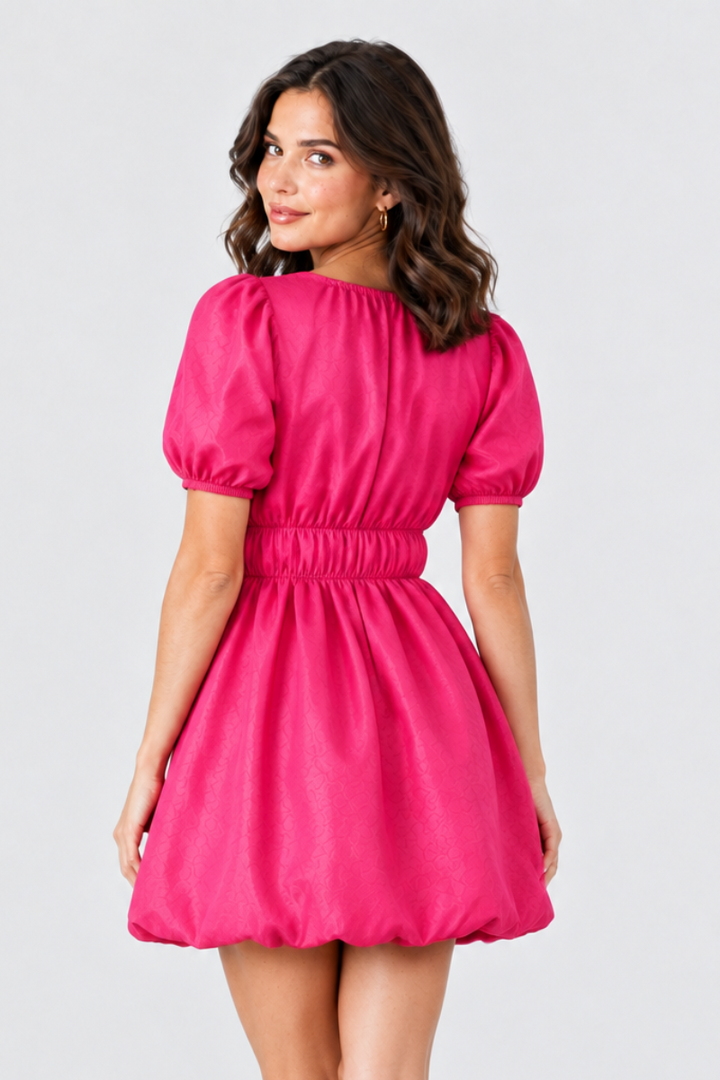Studio back view, same model, fuchsia-red puff-sleeve dress, over-the-shoulder pose
