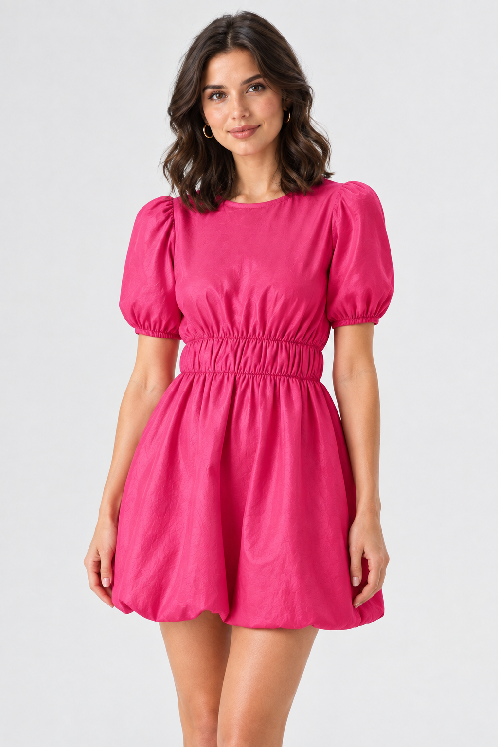 Studio front view, same model as blue set, fuchsia-red puff-sleeve dress, arms relaxed