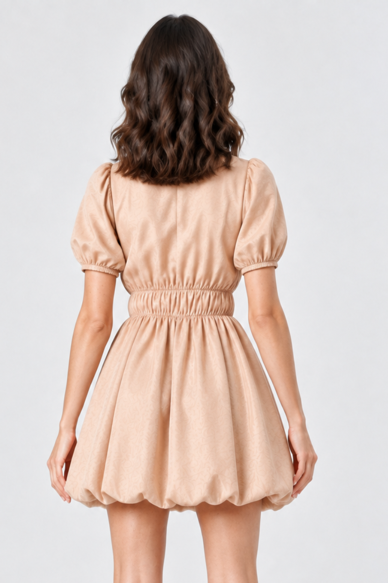 Studio full back view, same model, beige puff-sleeve dress