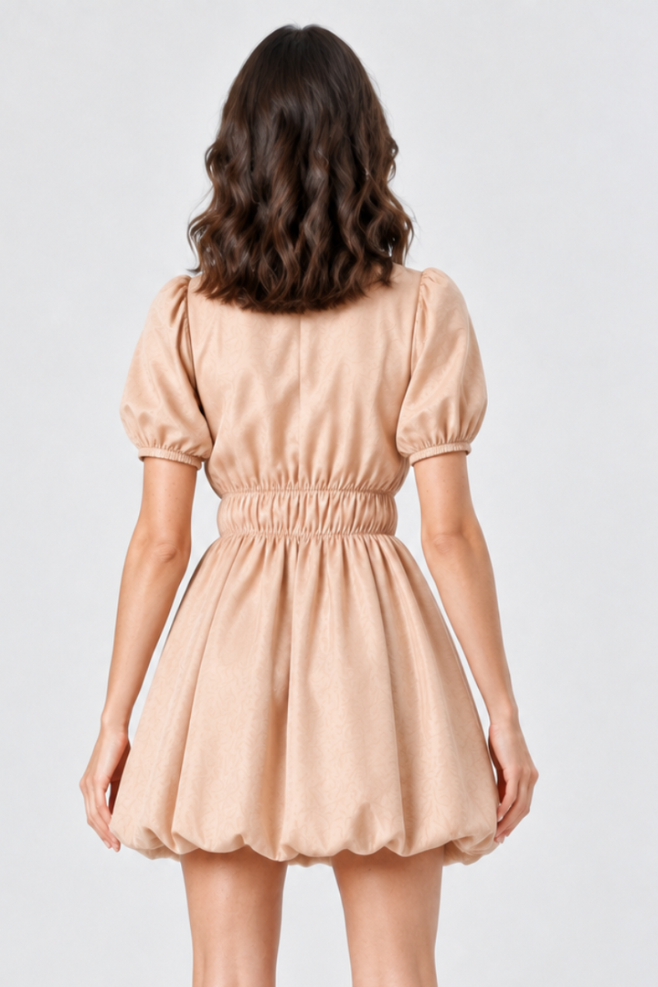 Studio full back view, same model, beige puff-sleeve dress