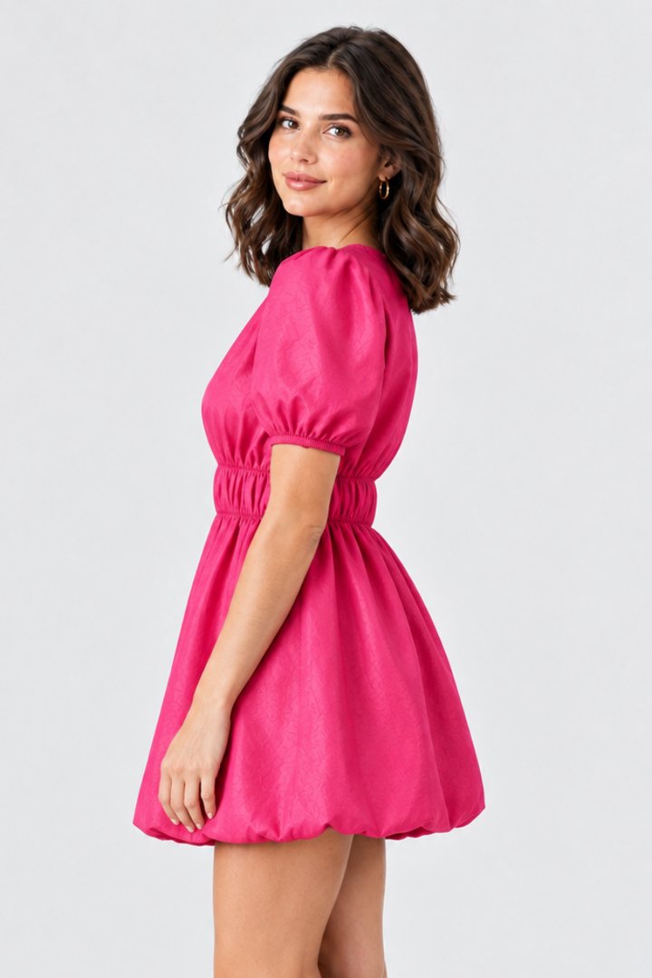 Studio side-profile view, same model, fuchsia-red puff-sleeve dress, distinct crossed-feet pose