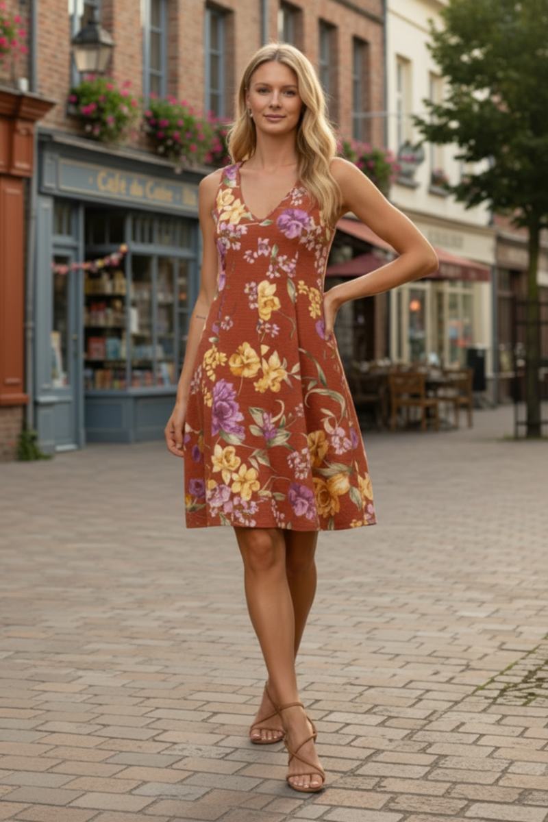 RUST FLORAL PRINT CREPE TEXTURE SHIFT MIDI DRESS DY5357-