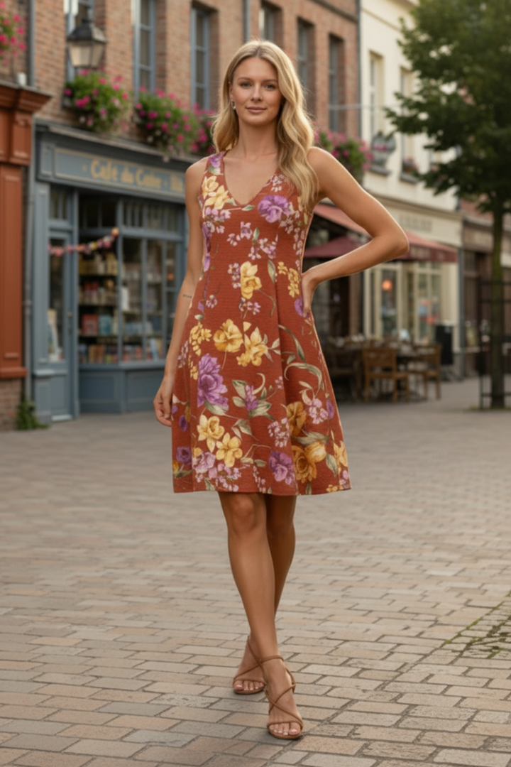 RUST FLORAL PRINT CREPE TEXTURE SHIFT MIDI DRESS DY5357-
