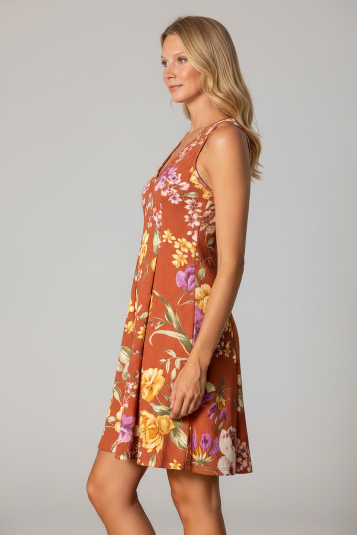 RUST FLORAL PRINT CREPE TEXTURE SHIFT MIDI DRESS DY5357-