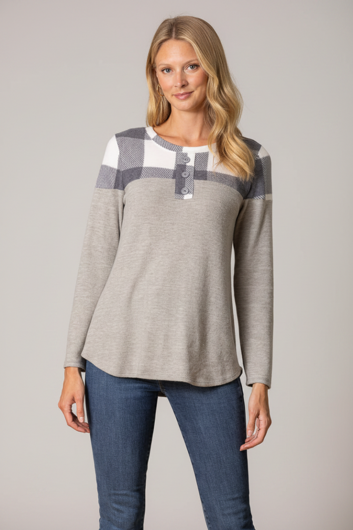 CLOUD GREY WHITE MADRAS PRINT HENLEY KNIT TOP B5602