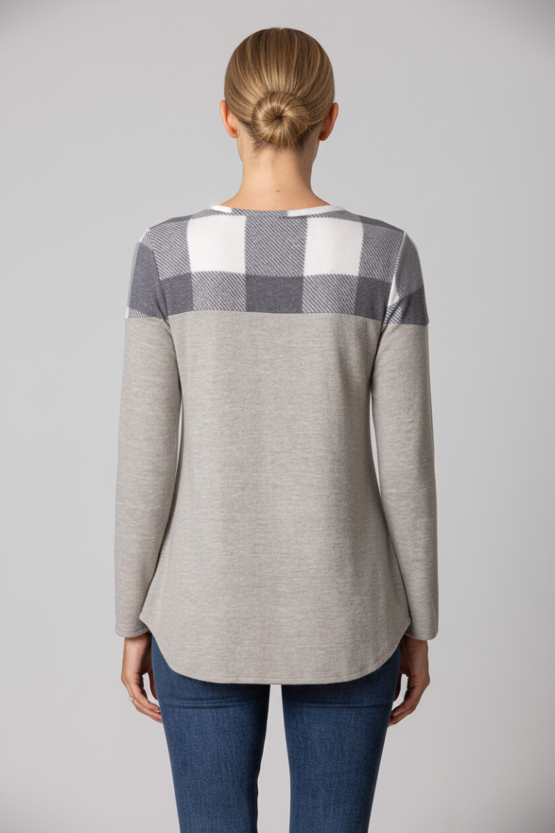 CLOUD GREY WHITE MADRAS PRINT HENLEY KNIT TOP B5602