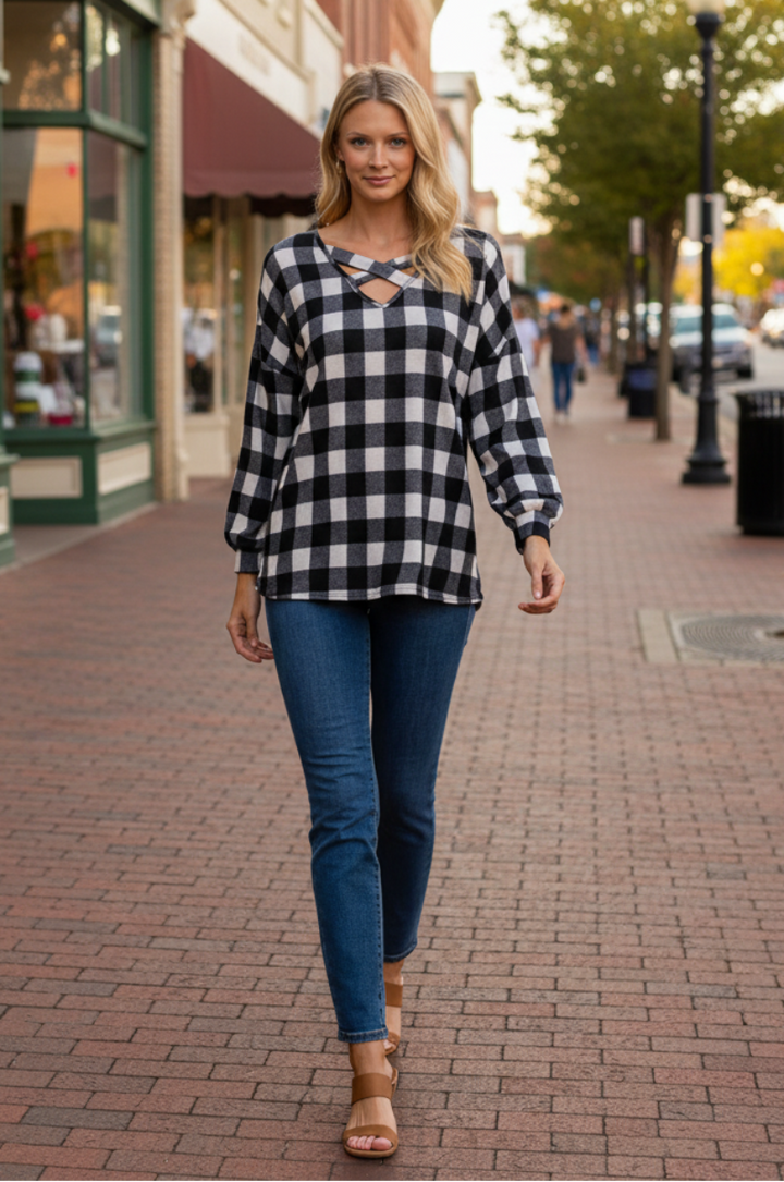 BLACK MADRAS PRINT LONG SLEEVES TUNIC KNIT TOP ET5144*