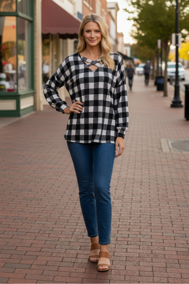 BLACK MADRAS PRINT LONG SLEEVES TUNIC KNIT TOP ET5144*