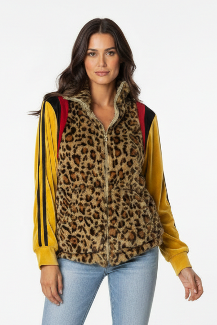 SAGE LEOPARD/MUSTARD COLOR BLOCK VELOUR TRACK JACKET TT3192A