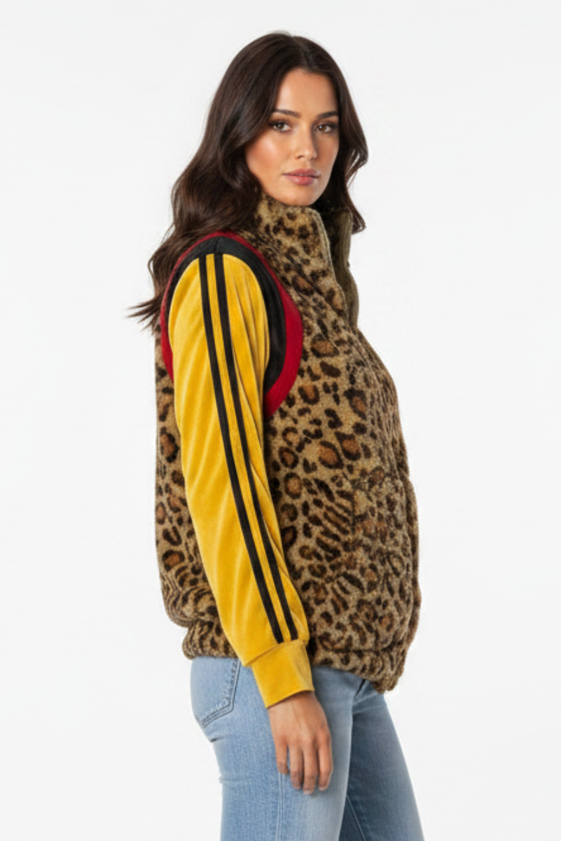SAGE LEOPARD/MUSTARD COLOR BLOCK VELOUR TRACK JACKET TT3192A