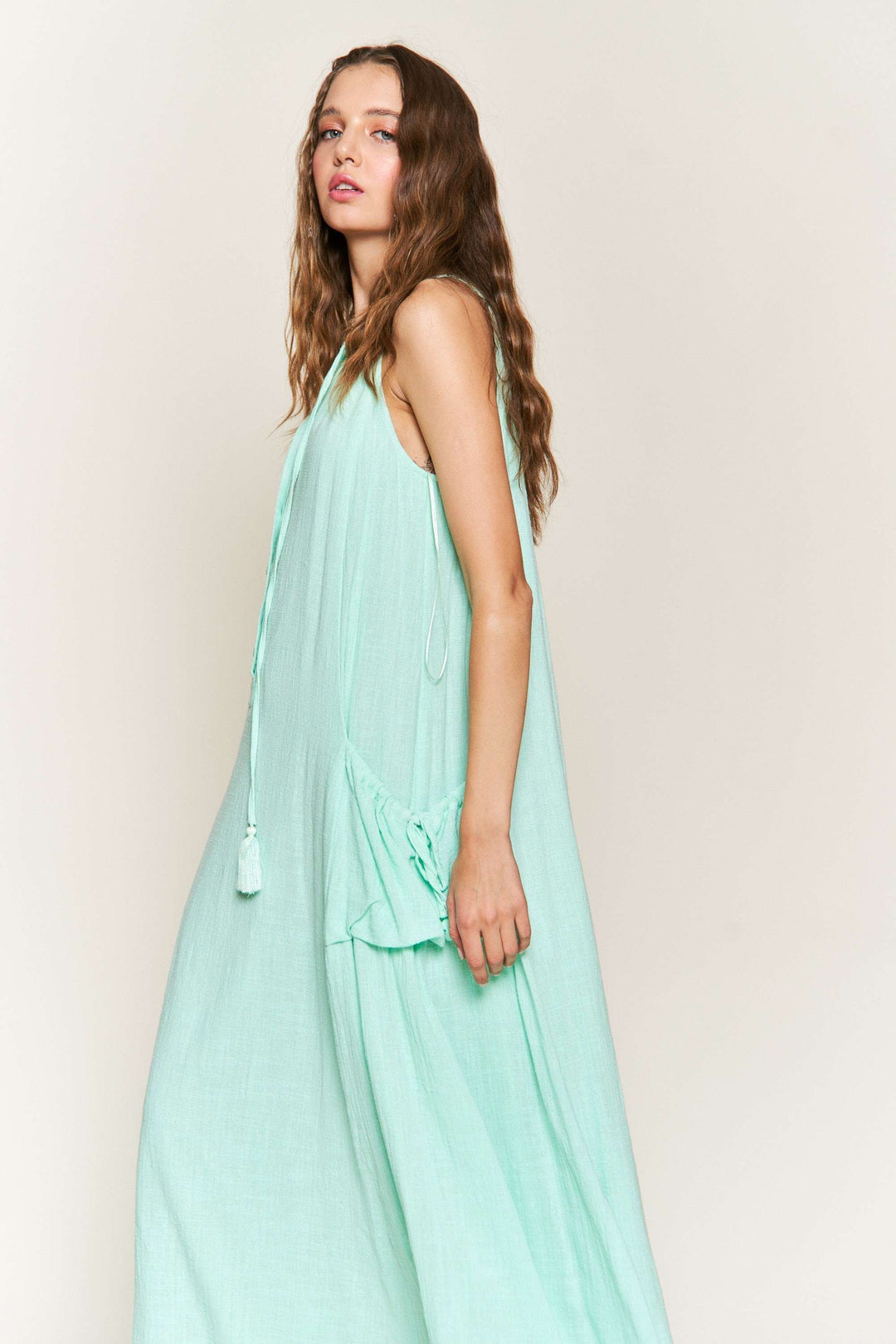MINT LINEN TASSELED HALTER NECK MAXI DRESS D9645 MINT LINEN TASSELED HALTER NECK MAXI DRESS D9645
