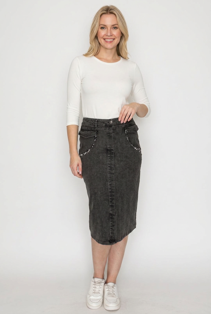 White top with charcoal-black denim skirt
