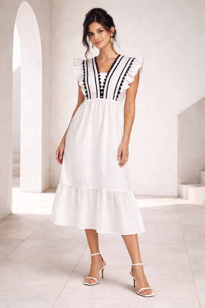 RUFFLED SLEEVE PIPING DETAIL MIDI DRESS-AVM10752W