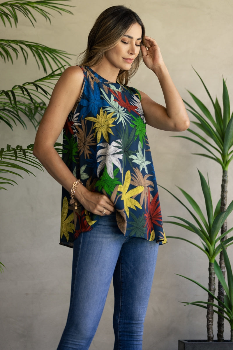 NAVY BLUE FLOWER PRINT ROUND NECK SLEEVELESS TOP-T2363