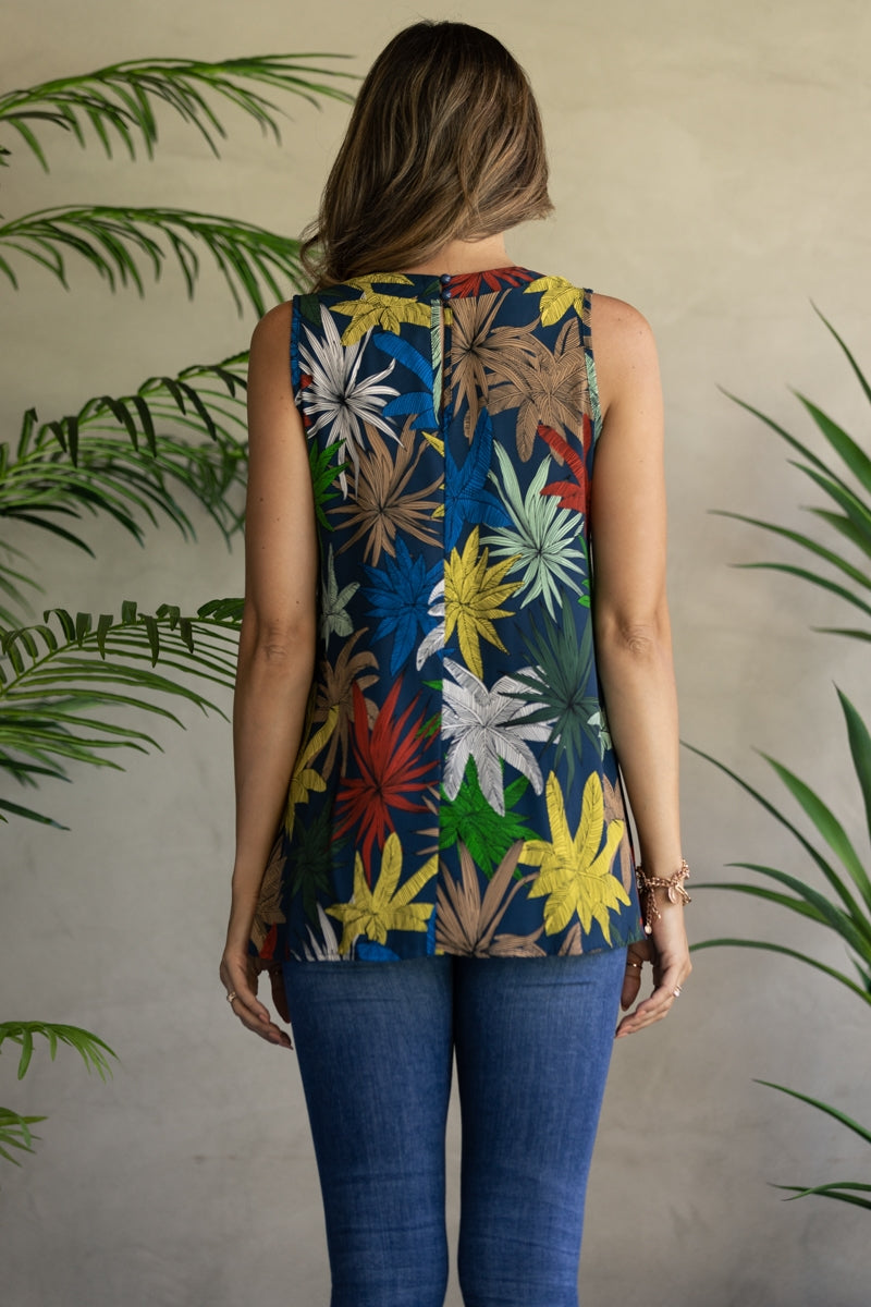 NAVY BLUE FLOWER PRINT ROUND NECK SLEEVELESS TOP-T2363