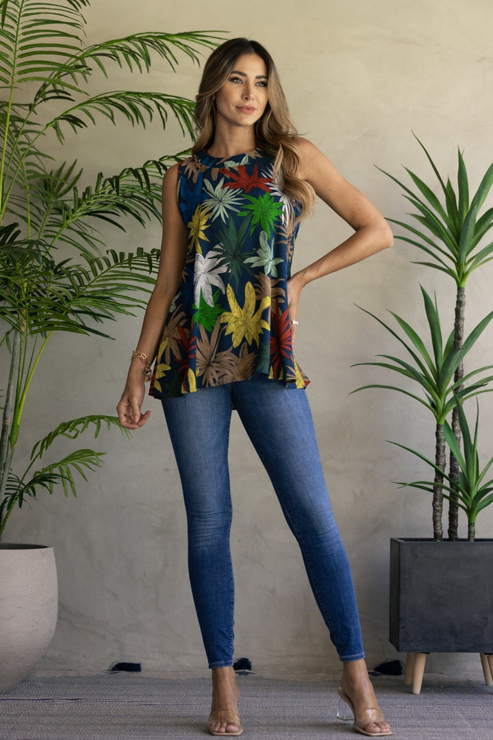 NAVY BLUE FLOWER PRINT ROUND NECK SLEEVELESS TOP-T2363
