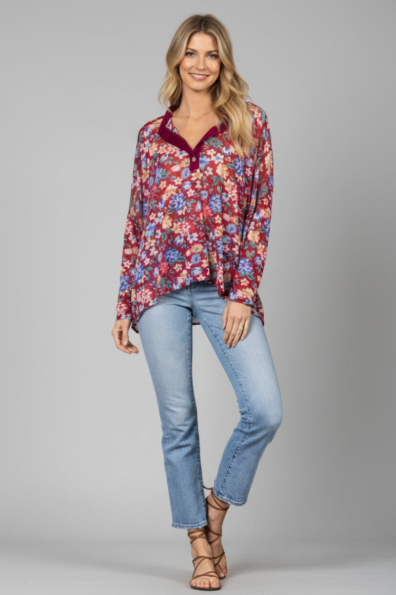 T7538-Wholesale BURGUNDY MANDARIN COLLAR SILHOUETTE TOP