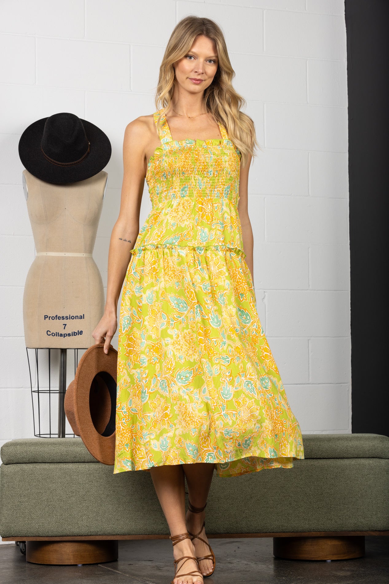 DY9203-Wholesale YELLOW TIERED SLEEVELESS SELF TIE OPEN BACK MAXI DRESS