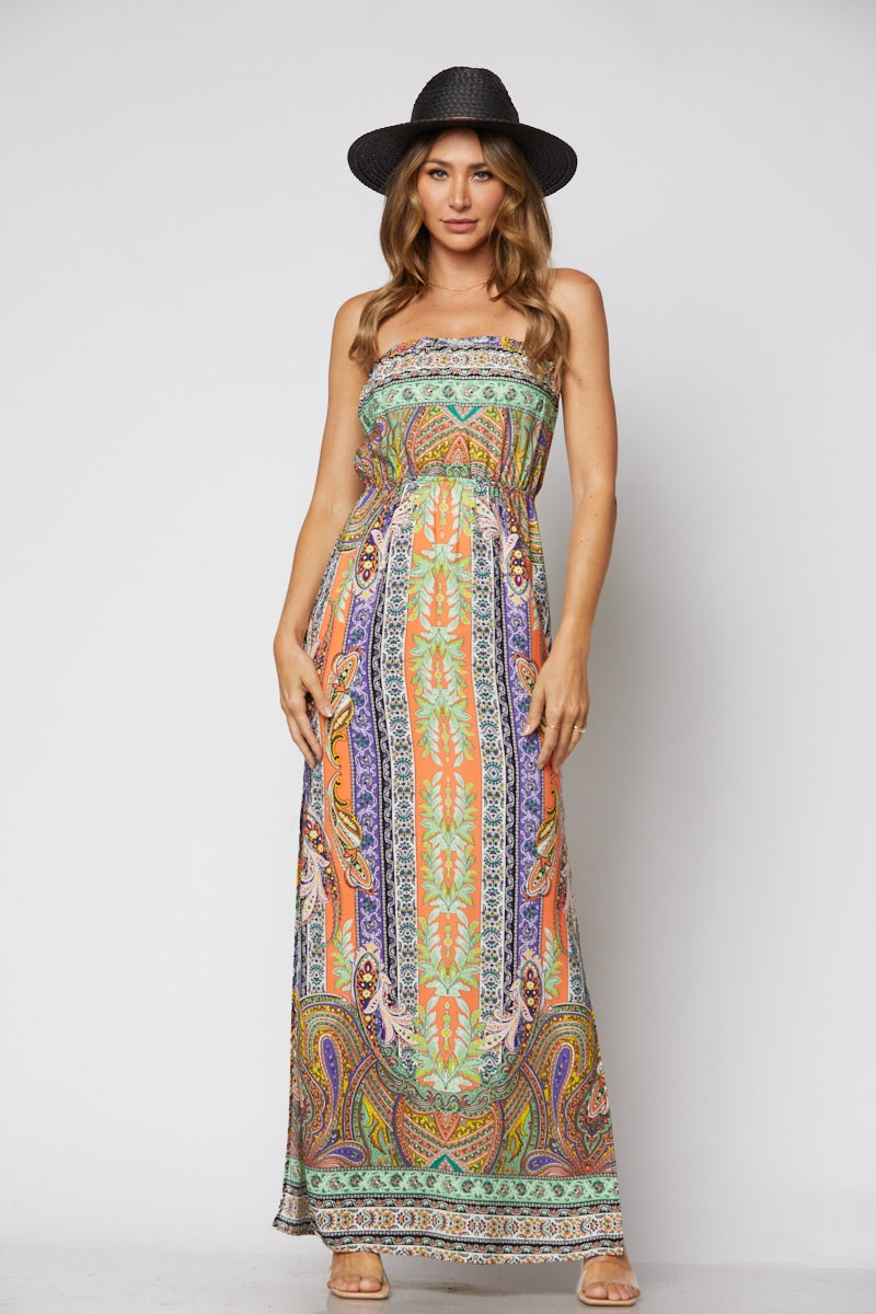 PEACH PAISLEY STRAPLESS W/ SLIT MAXI DRESS