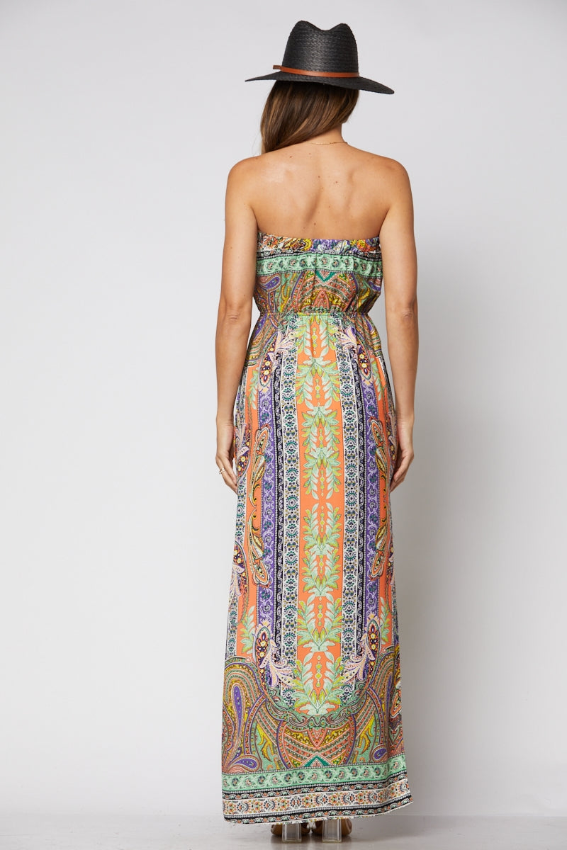 PEACH PAISLEY STRAPLESS W/ SLIT MAXI DRESS