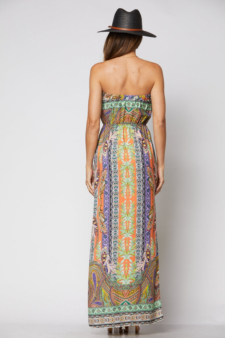 PEACH PAISLEY STRAPLESS W/ SLIT MAXI DRESS