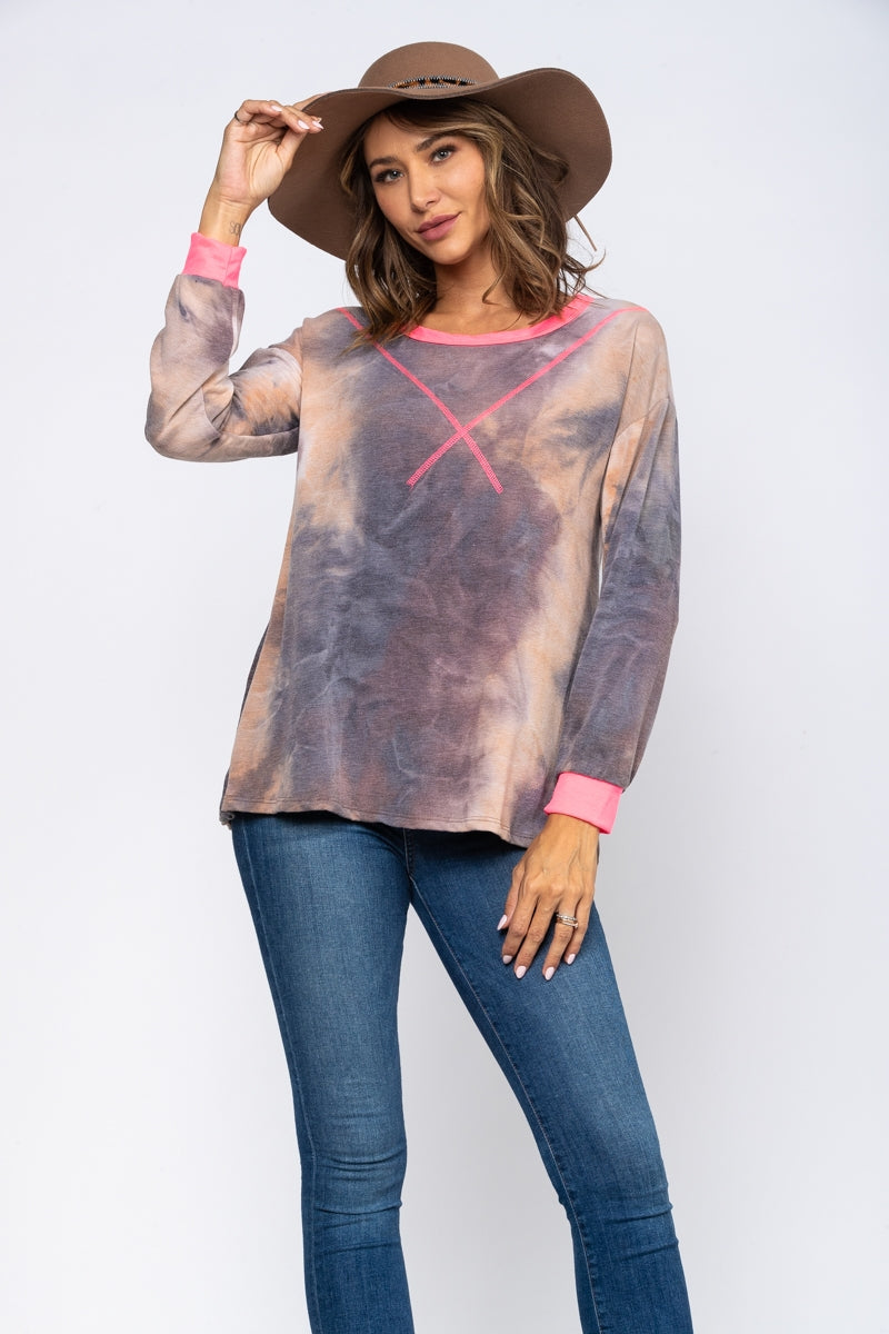 BROWN/CHARCOAL TIE DYE HOT PINK CONTRAST KNIT TOP-ET5088