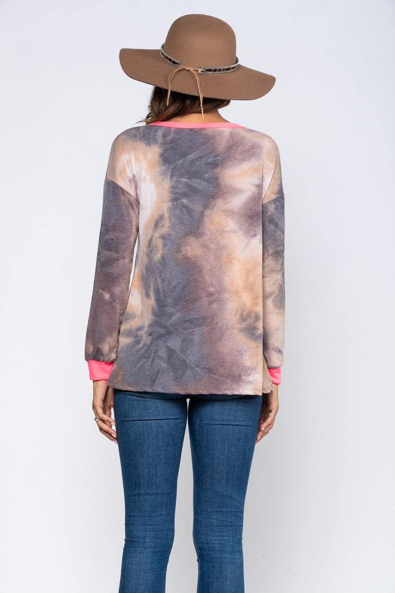 BROWN/CHARCOAL TIE DYE HOT PINK CONTRAST KNIT TOP-ET5088