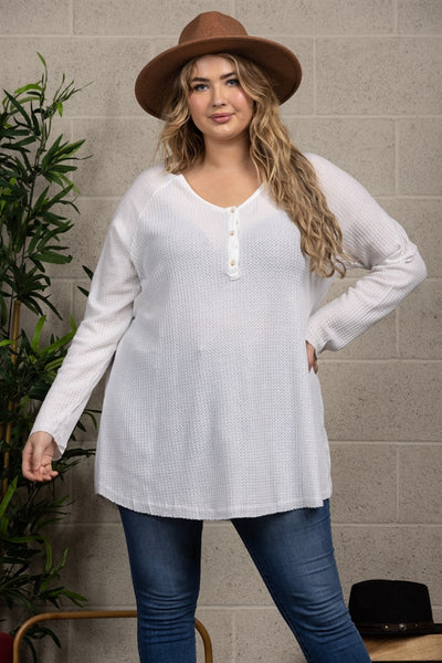 THERMAL WAFFLE KNIT PLUS SIZE HENLEY TOP