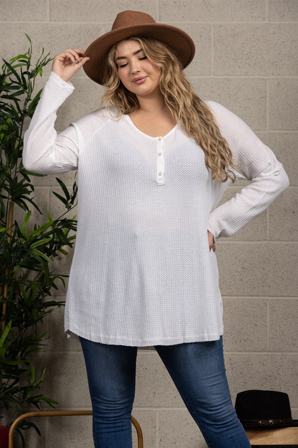 THERMAL WAFFLE KNIT PLUS SIZE HENLEY TOP