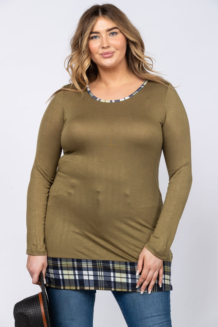 GREEN PLAID HEMLINE BACK BUTTON PLUS SIZE TOP-LT73249*