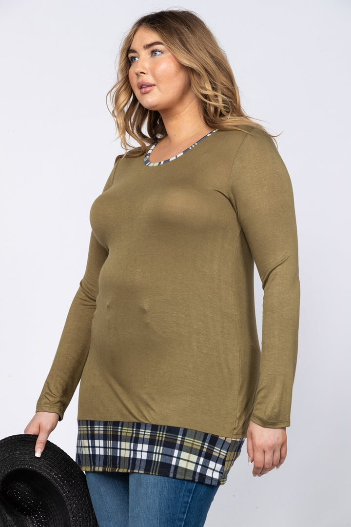 GREEN PLAID HEMLINE BACK BUTTON PLUS SIZE TOP-LT73249*