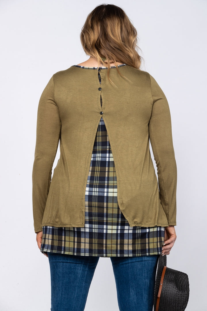 GREEN PLAID HEMLINE BACK BUTTON PLUS SIZE TOP-LT73249*