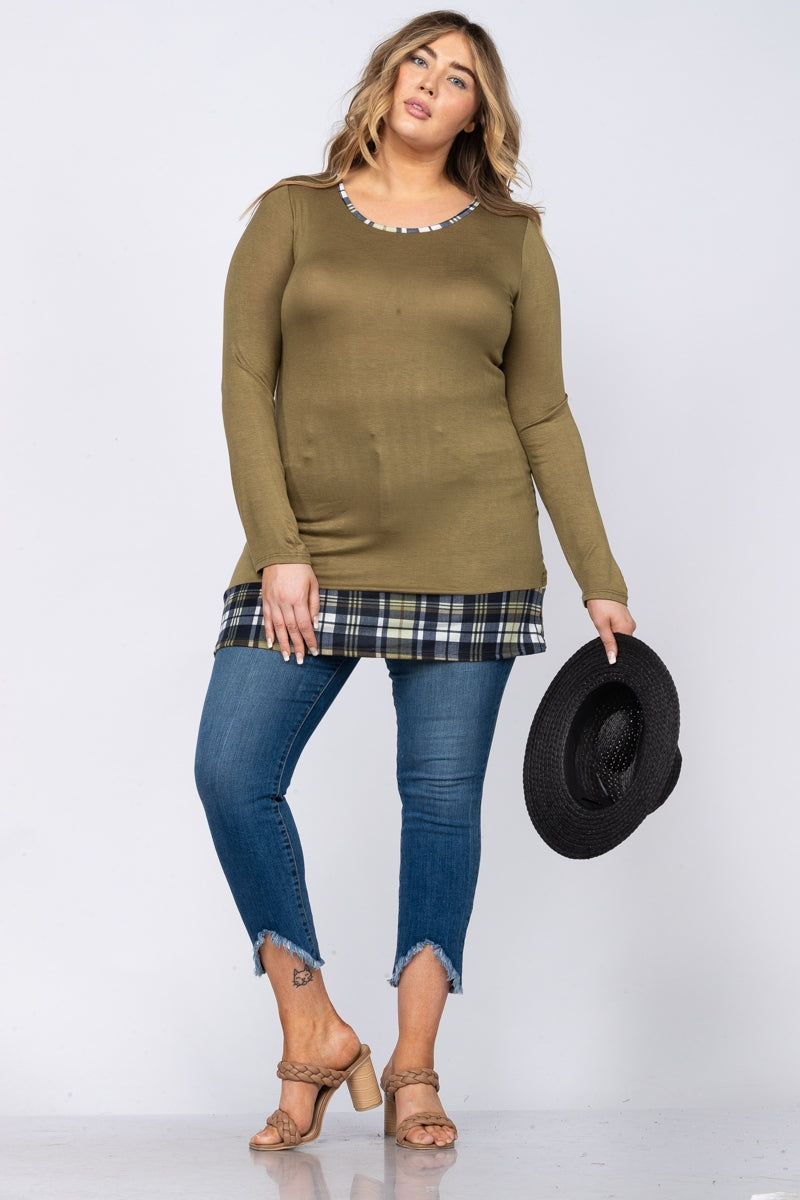 GREEN PLAID HEMLINE BACK BUTTON PLUS SIZE TOP-LT73249*