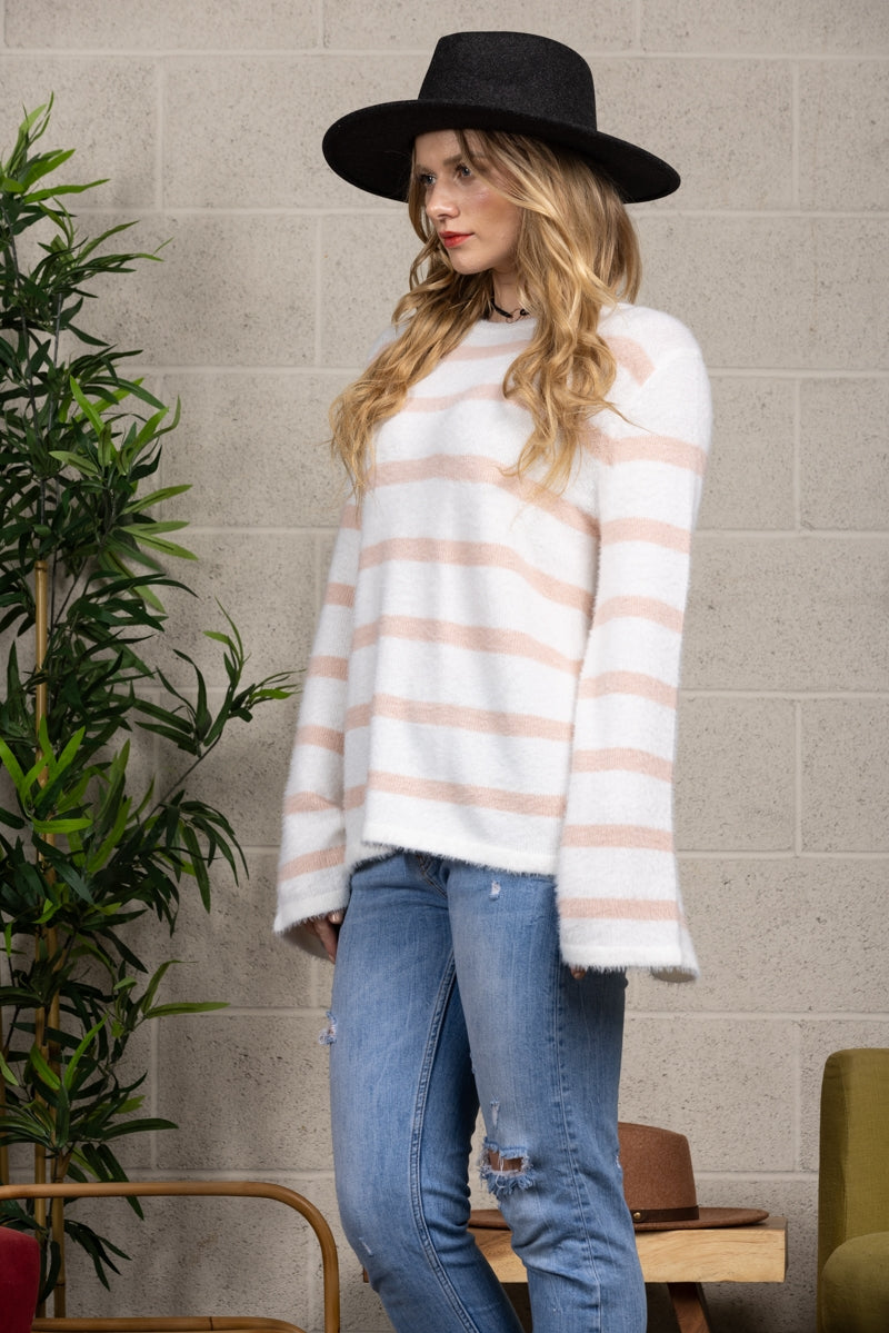 IVORY W/ PINK STRIPES LONG SLEEVE PULLOVER ILT0714