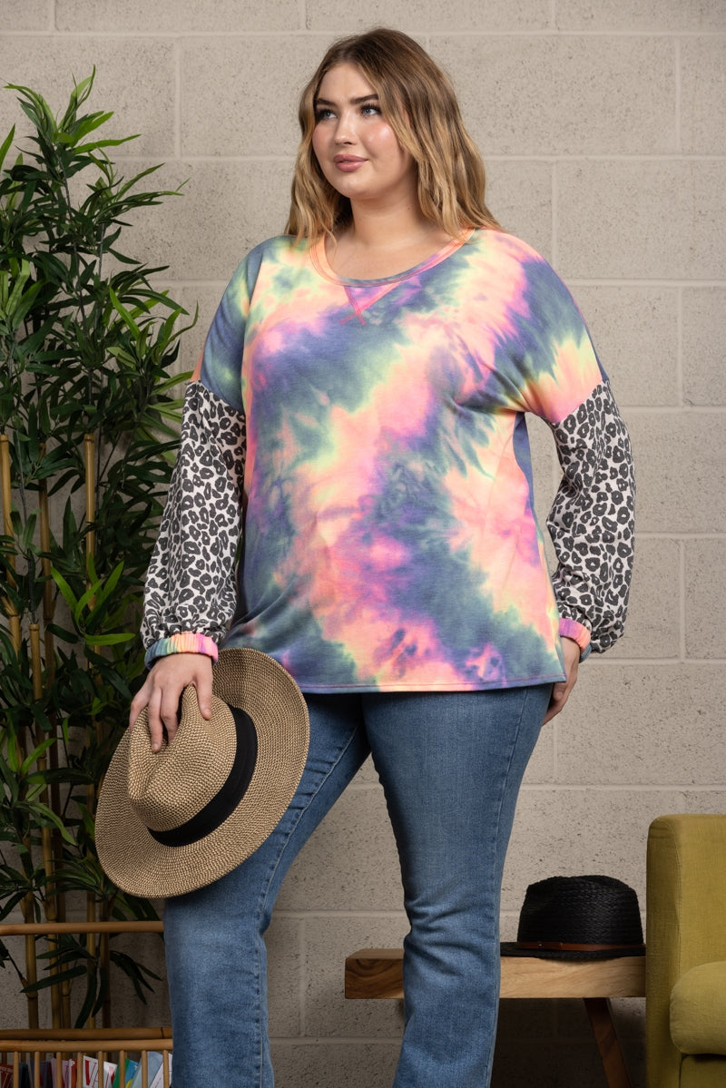 BLUE/PINK TIE-DYE LONG SLEEVES WITH ANIMAL CONTRAST PLUS SIZE KNIT TOP VT25007P