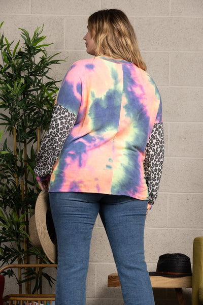 BLUE/PINK TIE-DYE LONG SLEEVES WITH ANIMAL CONTRAST PLUS SIZE KNIT TOP VT25007P