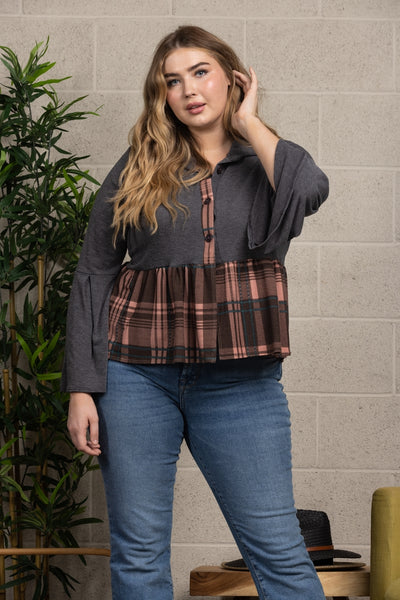 CHARCOAL BLUSH MADRAS PRINT CONTRAST RUFFLED PLUS SIZE TOP