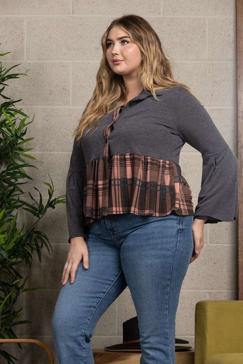 CHARCOAL BLUSH MADRAS PRINT CONTRAST RUFFLED PLUS SIZE TOP