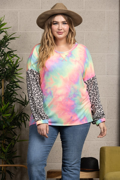 BLUE/PINK TIE-DYE LONG SLEEVES WITH ANIMAL CONTRAST PLUS SIZE KNIT TOP-VT25007P
