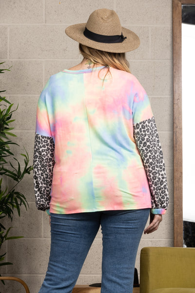 LIME/PINK TIE-DYE LONG SLEEVES WITH ANIMAL CONTRAST PLUS SIZE KNIT TOP