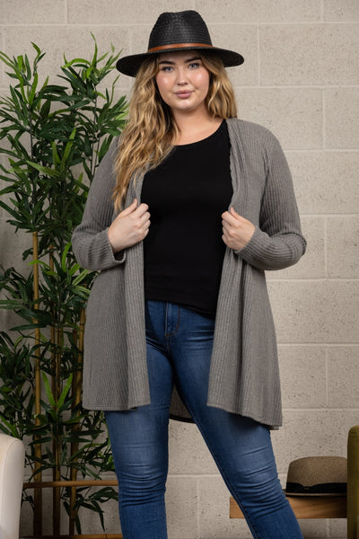 OLIVE RIBBED LONG SLEEVE PLUS SIZE CARDIGAN CP1968-1X